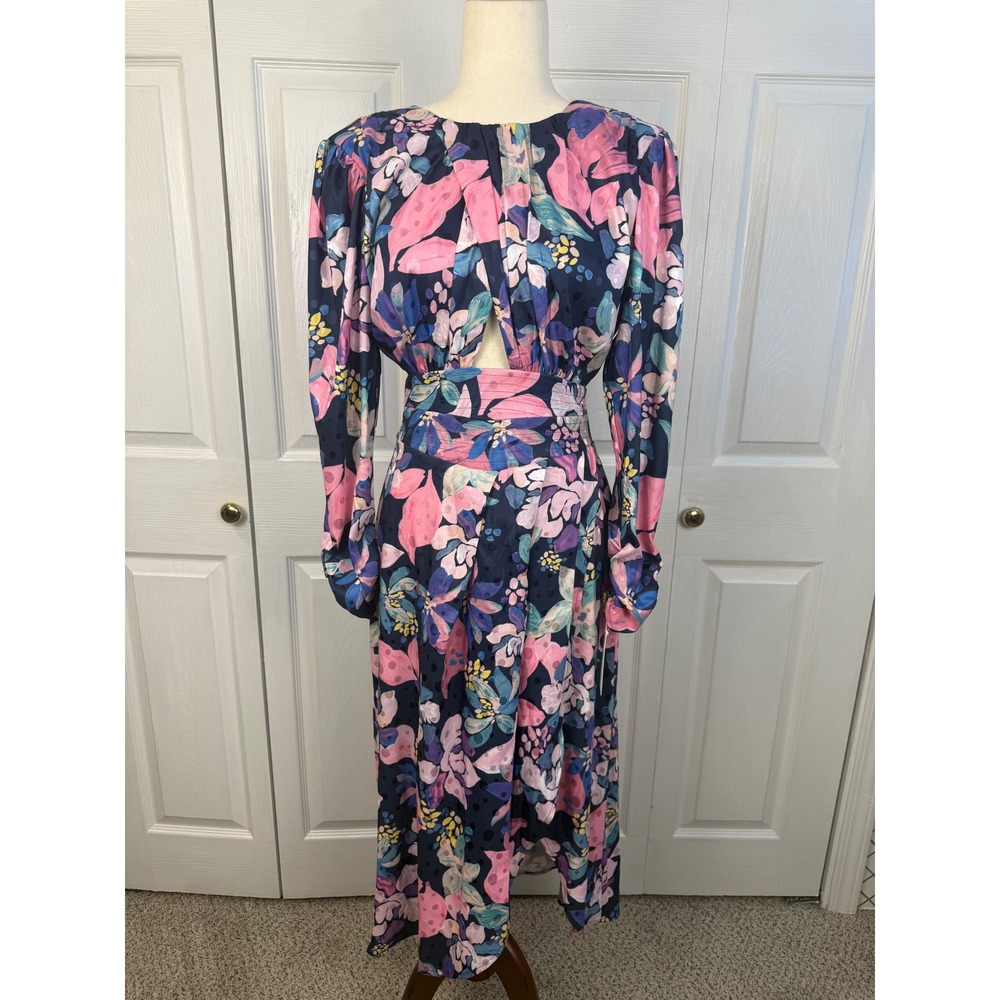 NWT For Love & Lemons Victoria Satin Floral Midi Dress Navy Pink Long Sleeve M - Picture 4 of 13